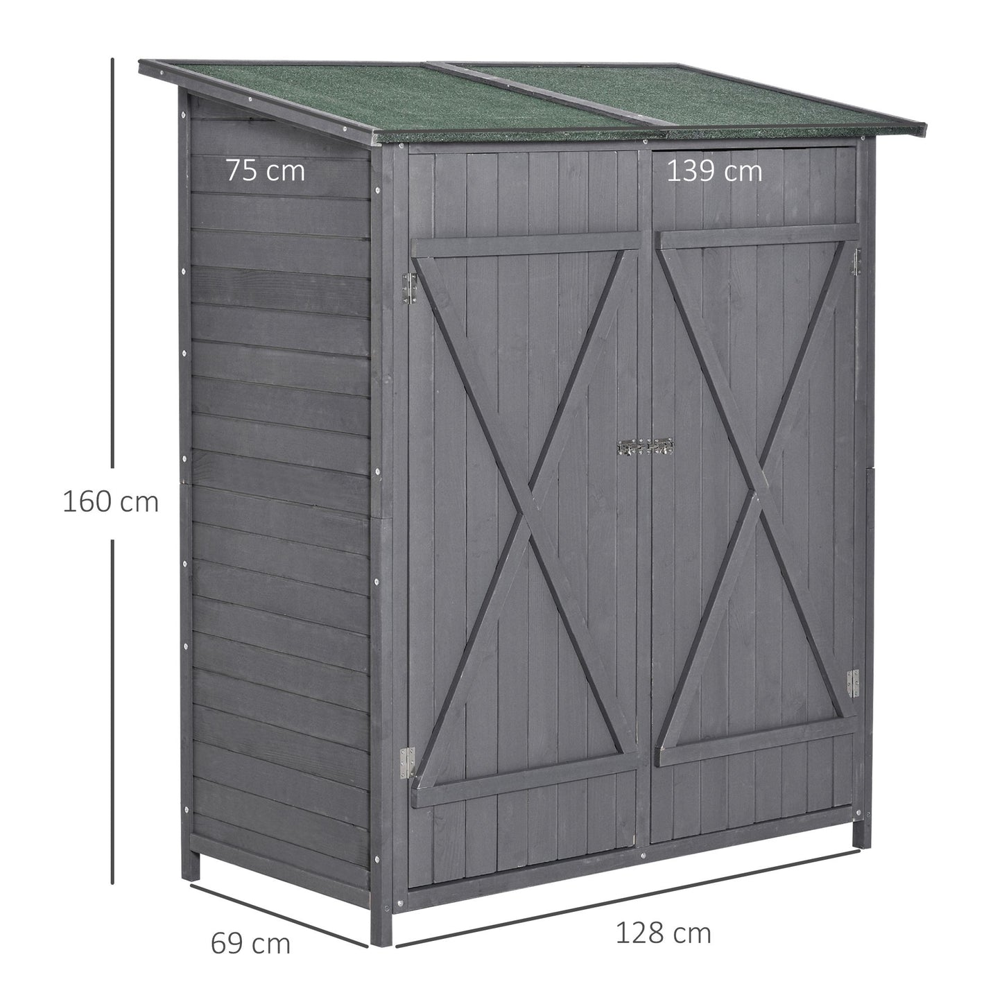 Outsunny Garden Wood Storage Shed w/ Storage Table, Asphalt Roof, Double Door, Grey