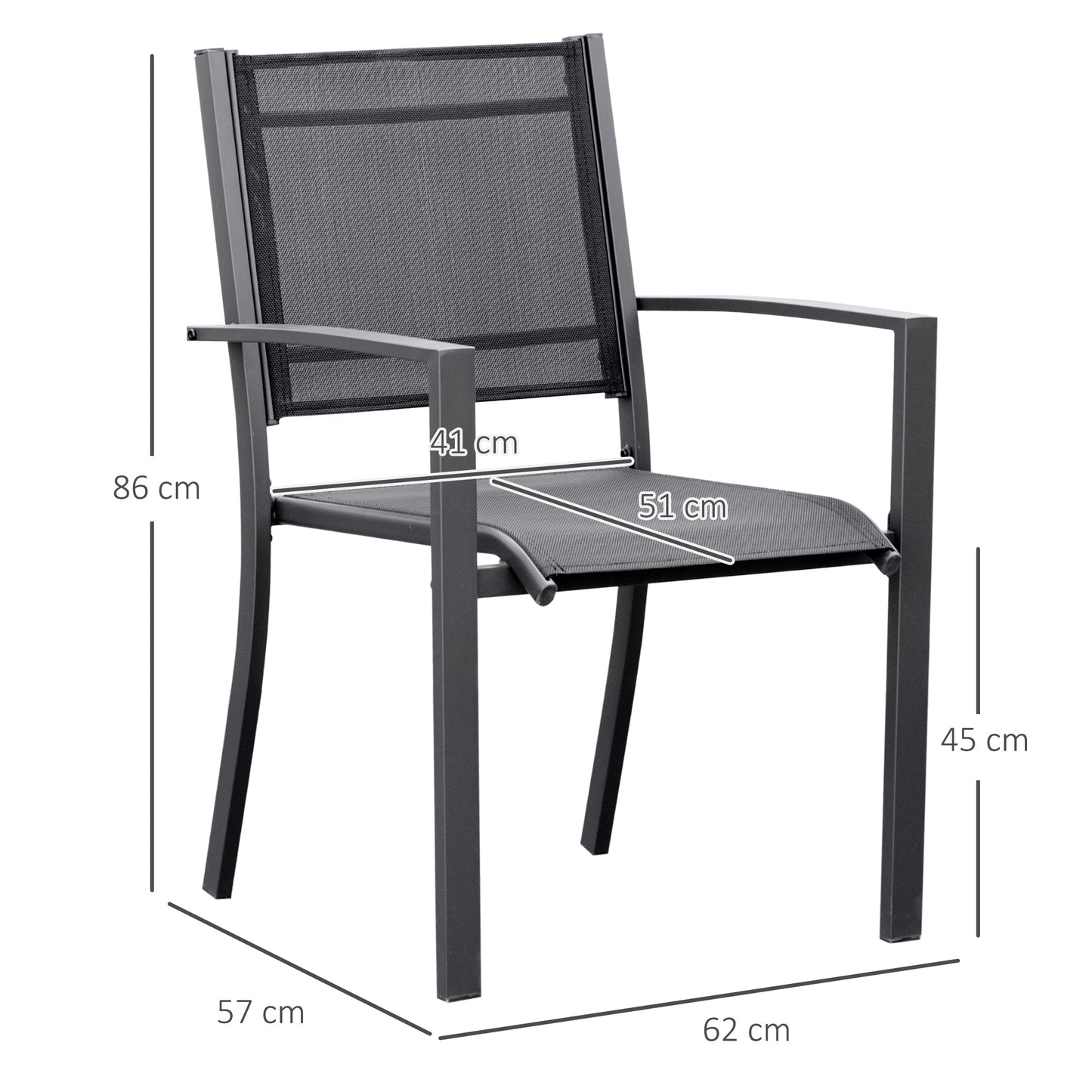 Outsunny Garden Chairs Set Of 2 Outdoor Chairs with Steel Frame Texteline Seats for Dining Patio Balcony Dark Grey Black