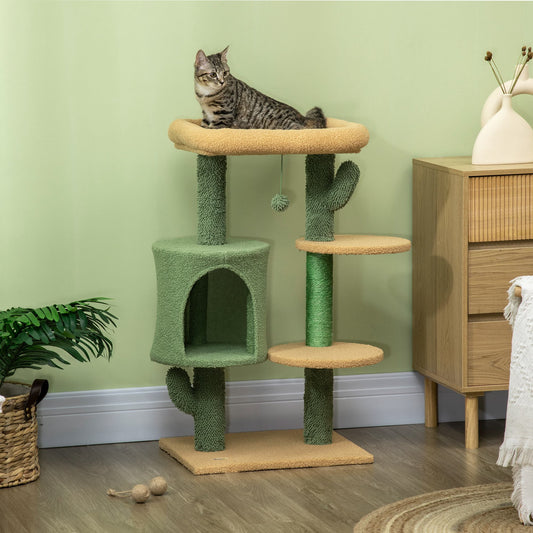 PawHut Cactus Cat Tree, 90cm Cat Climbing Tower, kitten Activity Centre with Teddy Fleece House, Green