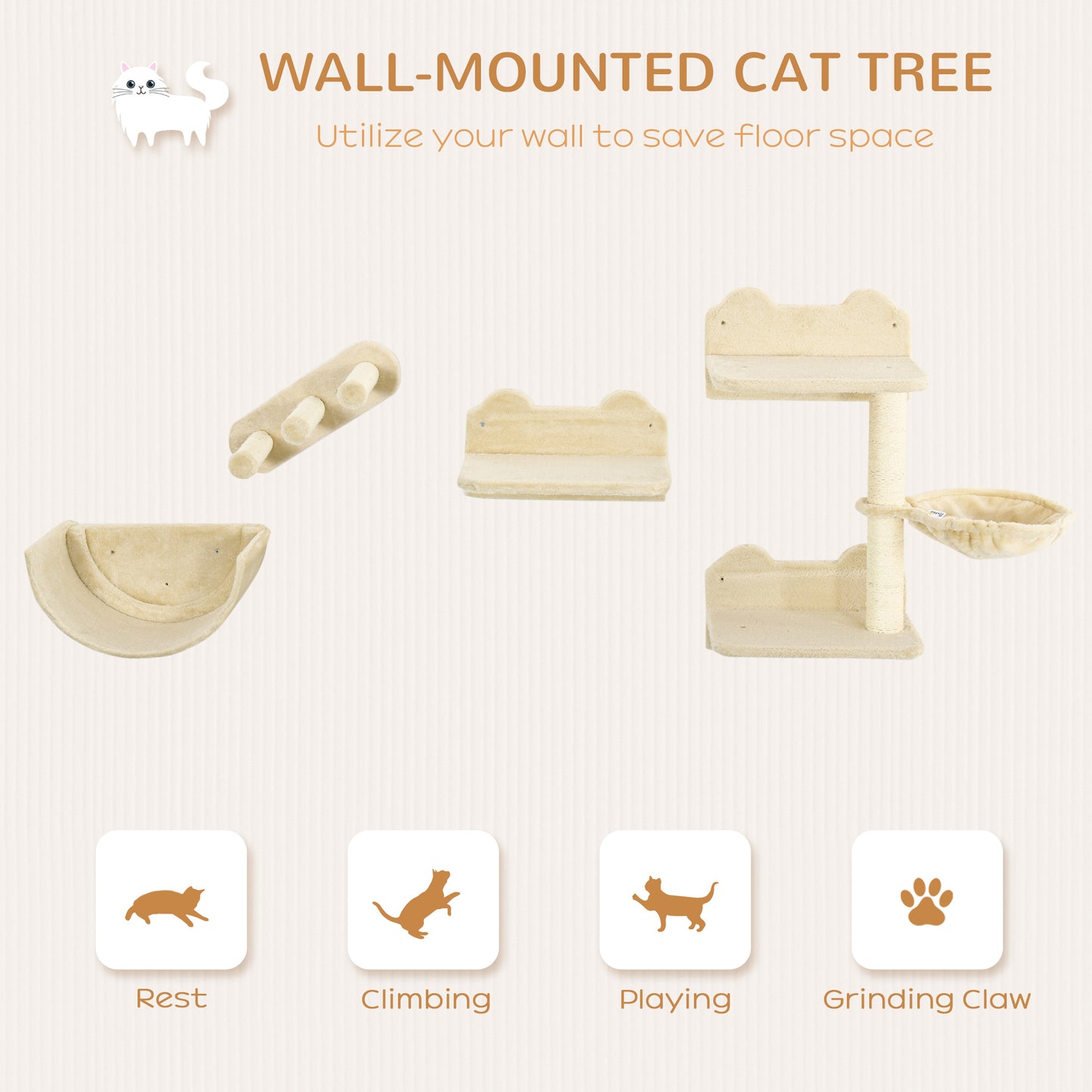 PawHut 4PCs Wall-mounted Cats Shelves, Cat Climbing Shelf Set, Kitten Activity Center, Beige