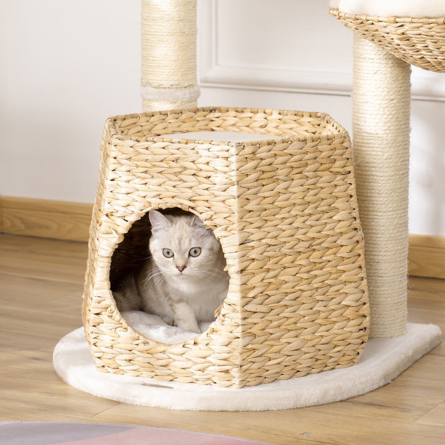 PawHut Cat Tree Tower Climbing Activity Center Kitten Furniture w/ Cattail Fluff Bed Condo Sisal Scratching Post Hanging Ball 50 x 50 x 119cm Natural