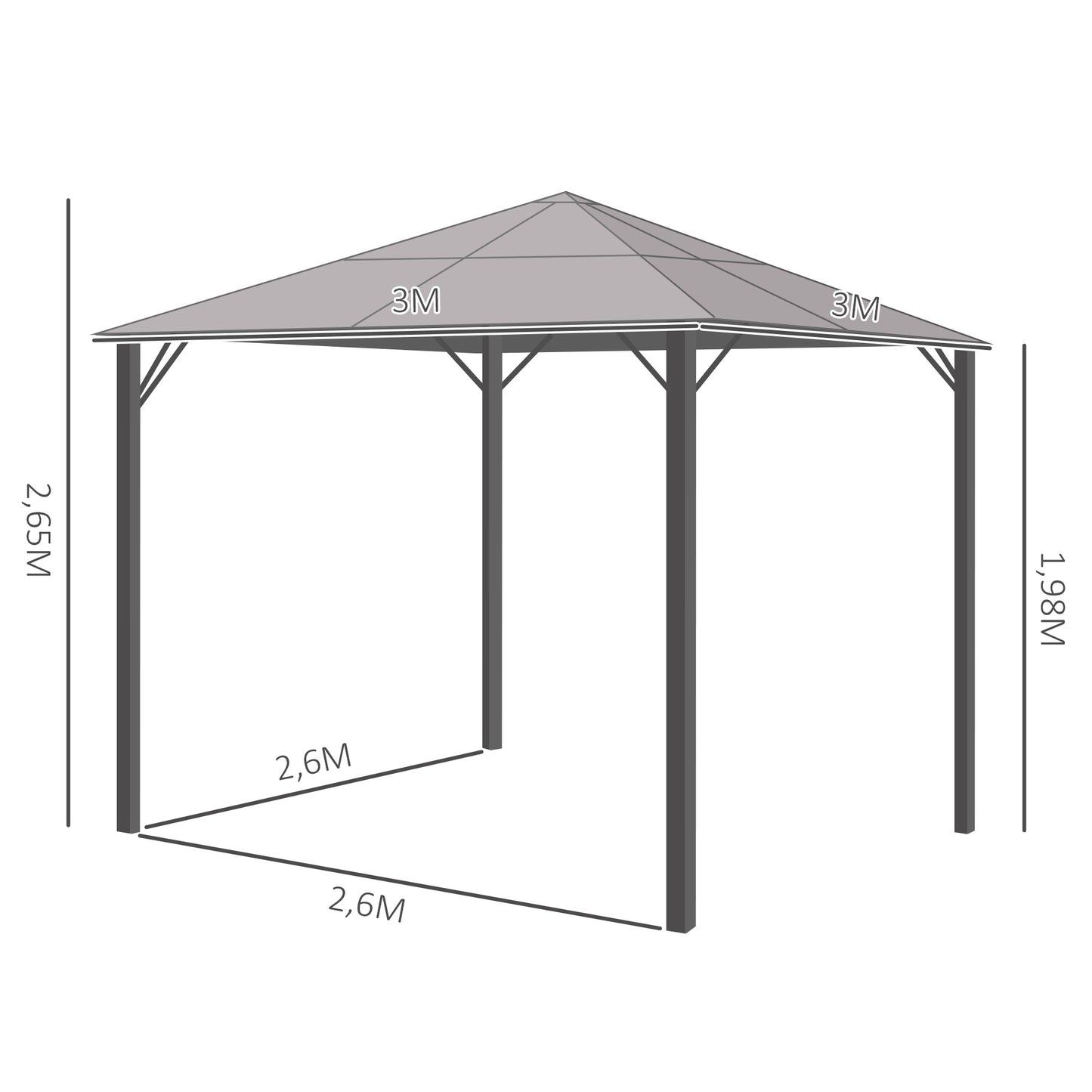 Outsunny 3m x 3m Hardtop Metal Frame Mesh Draped Gazebo Grey