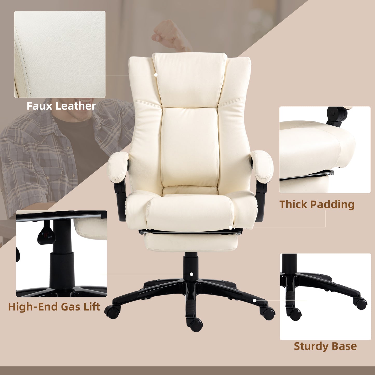 Vinsetto PU Leather Office Chair Swivel Computer Chair with Footrest Wheels Adjustable Height Cream White