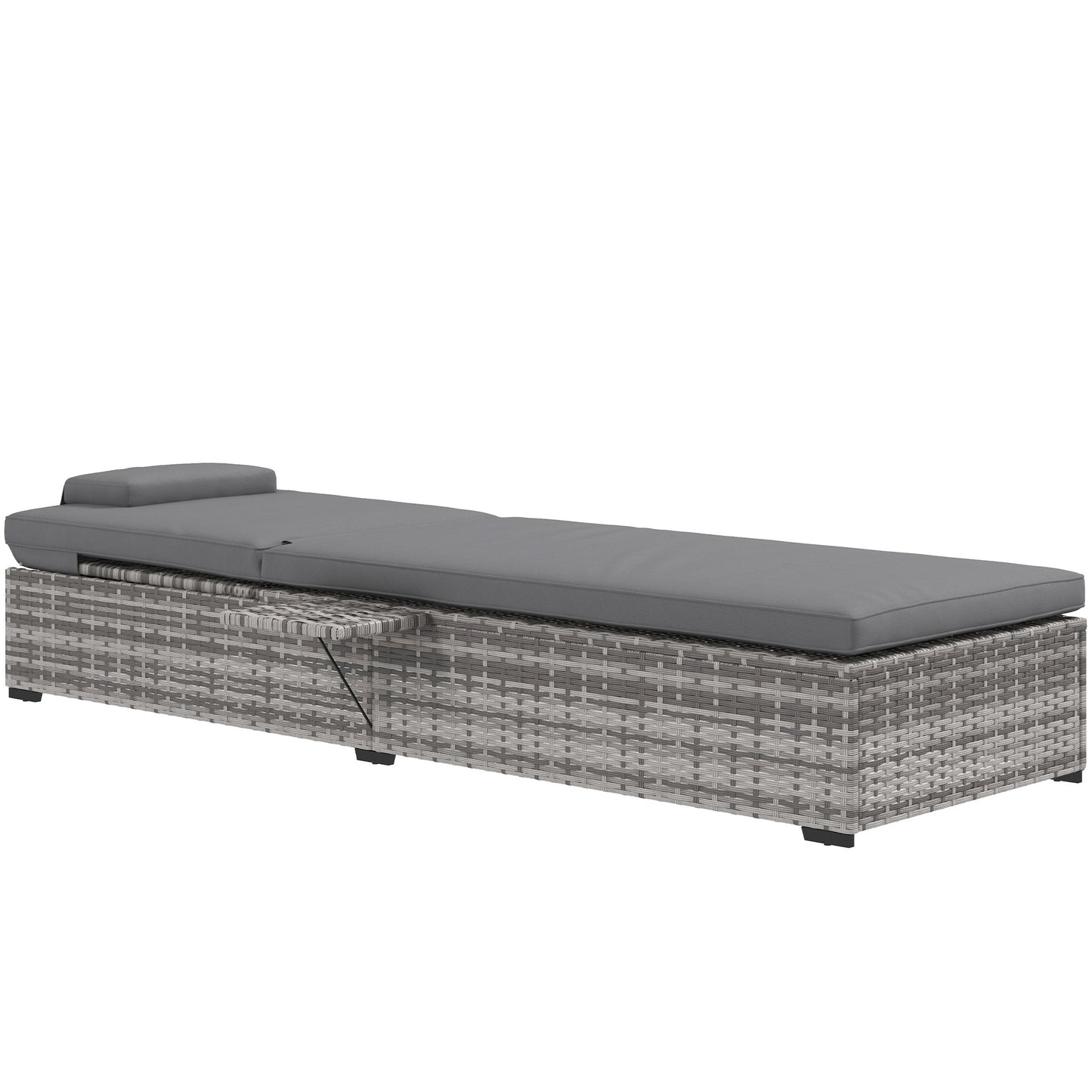 Outsunny Patio PE Rattan Lounger w/ Cushion, 5-Level Reclining Wicker Rattan Sun Lounger w/ Tea Tray, for Poolside, 120kg Weight Capacity, Grey