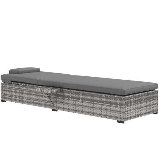 Outsunny Patio PE Rattan Lounger w/ Cushion, 5-Level Reclining Wicker Rattan Sun Lounger w/ Tea Tray, for Poolside, 120kg Weight Capacity, Grey