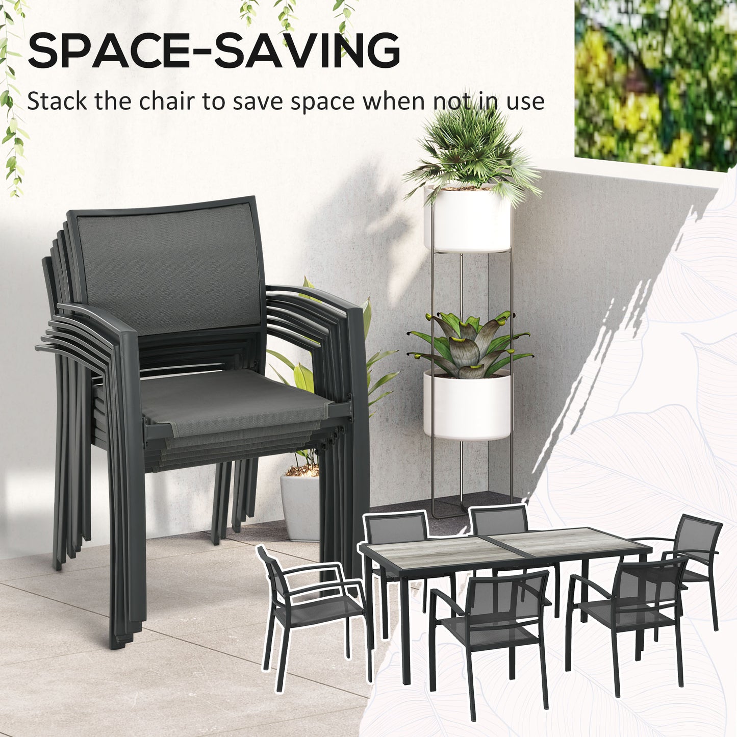 Outsunny 7 Pieces Garden Dining Set, Stackable Chairs, Outdoor Patio Dining Set, 6 Seater Outdoor Table and Chairs with Breathable Mesh Seat, Back, Plastic Top for Poolside, Space-Saving, Grey