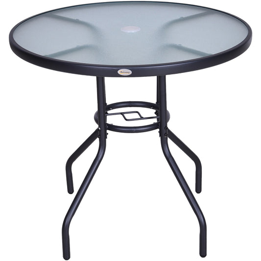 Outsunny Outdoor Ø80cm Round Dining Table Tempered Glass Top Steel Frame Bistro Coffee End Side Table Garden w/ Parasol Hole