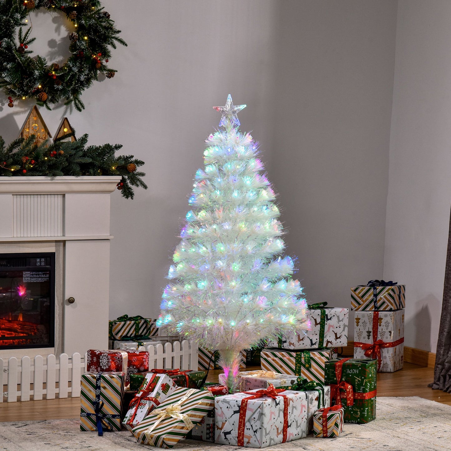 HOMCOM 4FT Prelit Artificial Christmas Tree w/ Fiber Optic, Xmas Decoration, White