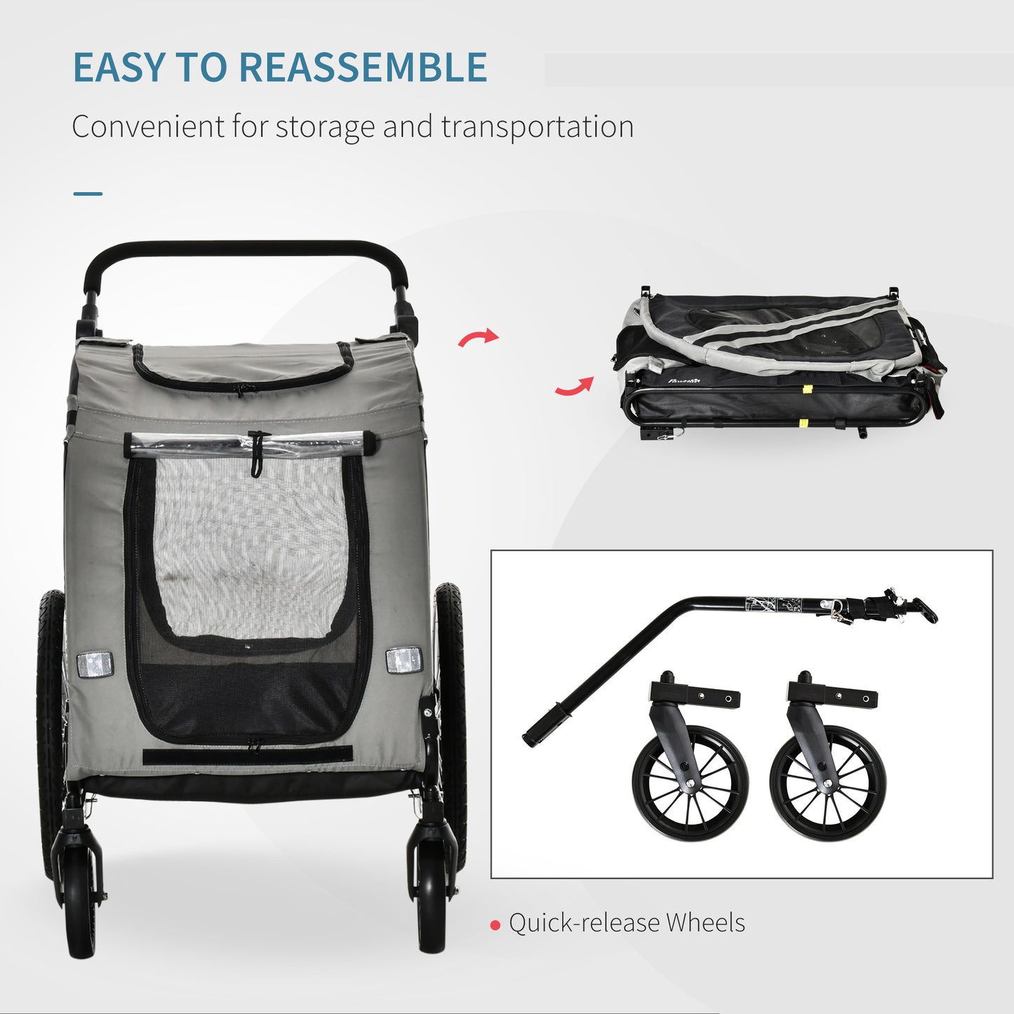 PawHut 2-In-1 Dog Bike Trailer Pet Stroller with Universal Wheel Reflector Flag Grey