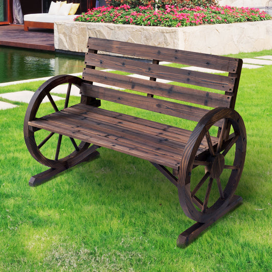 Outsunny Wagon Wheel Chair Bench Armrest Rustic Loveseat Wood Outdoor Garden