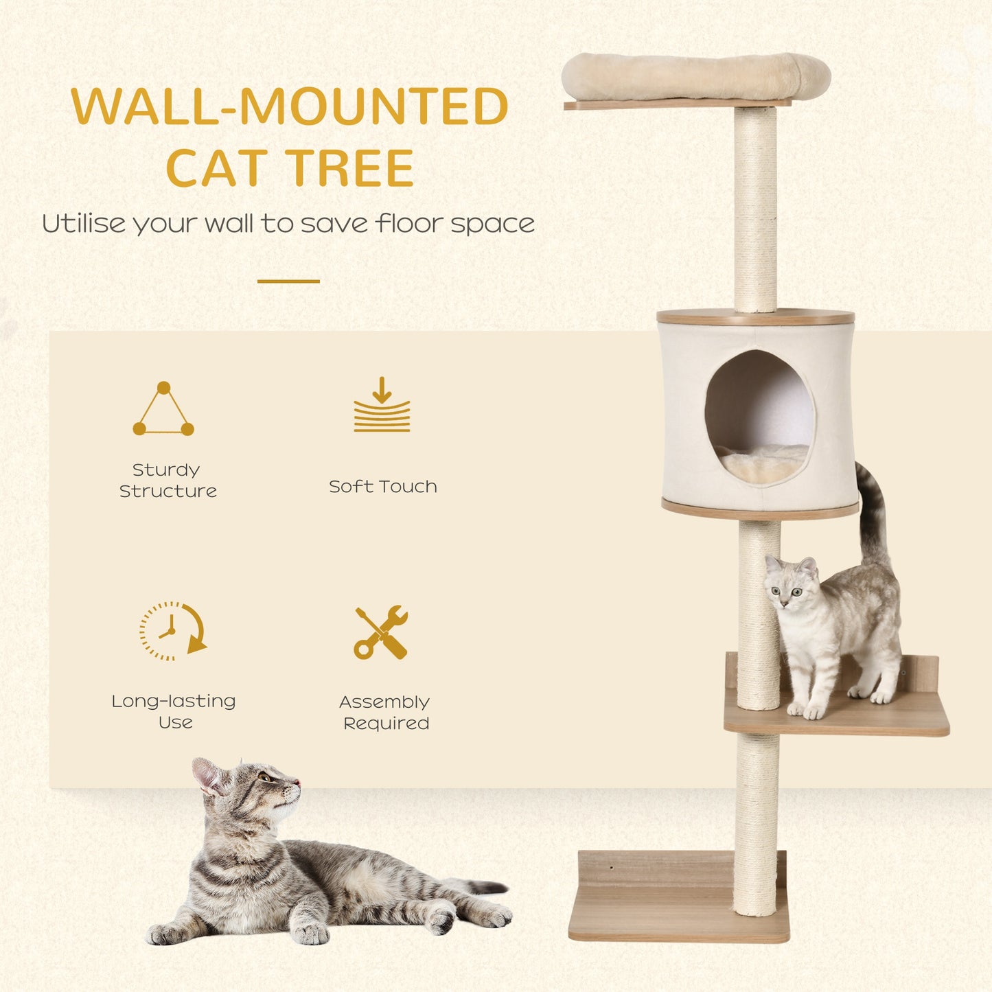 PawHut Cat Tree Cat Shelf Wall-Mounted Shelter with Condo Bed Scratching Post