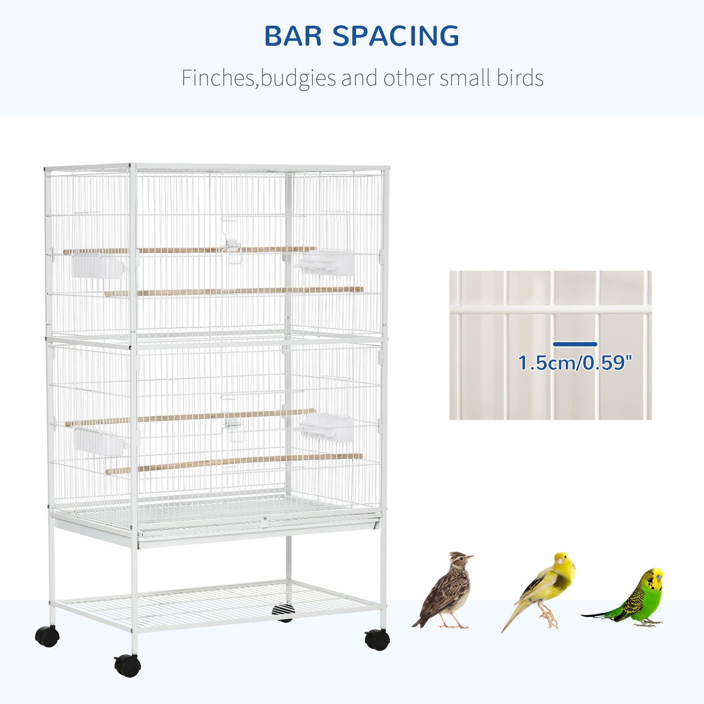 PawHut Large Bird Cage Aviary for Finch Canaries, Budgies with Rolling Stand, Slide-out Tray, Storage Shelf, Wood Perch, Food Containers, White