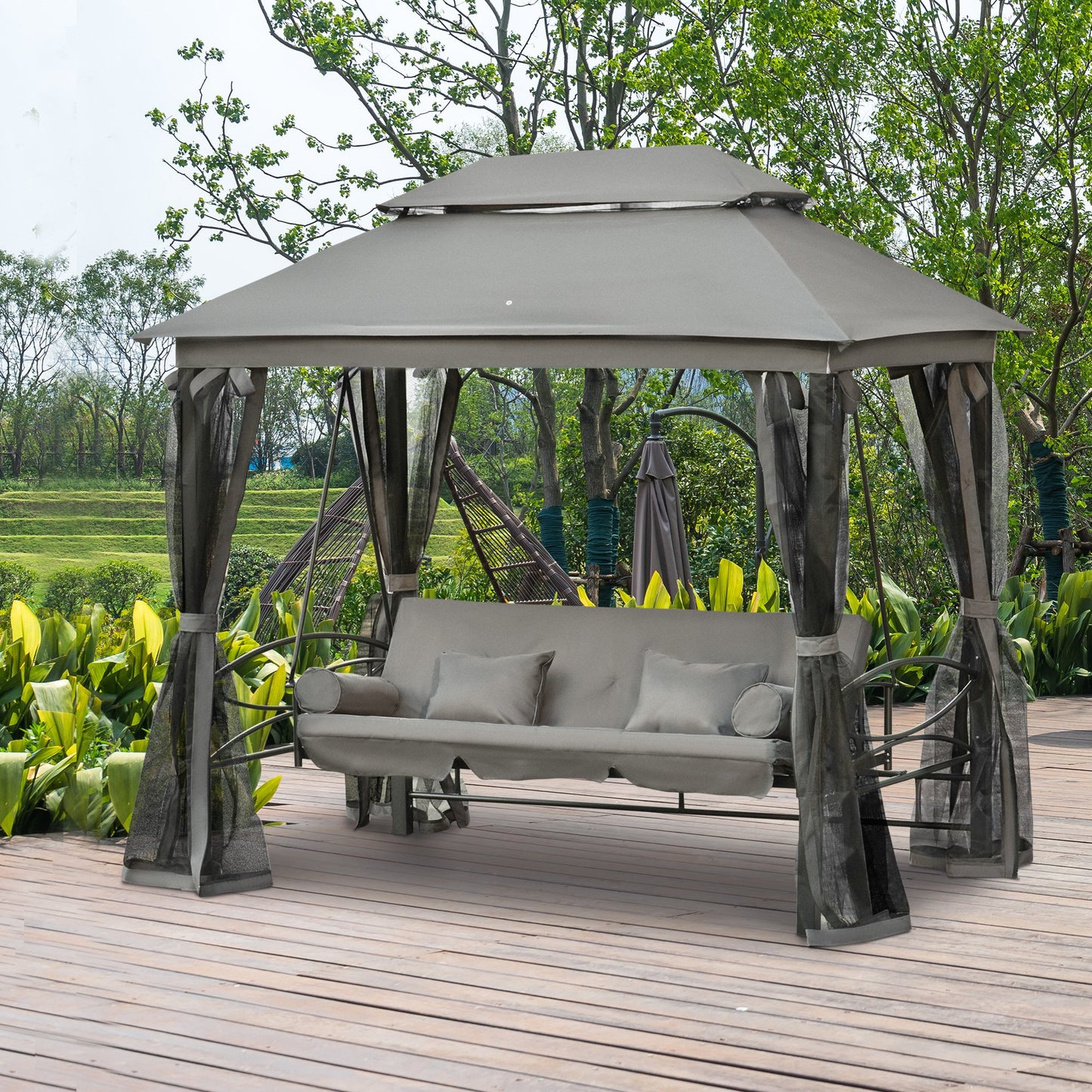 Outsunny 3 Seater Swing Chair Hammock Gazebo Patio Bench Outdoor w/ Cushioned Seat Grey