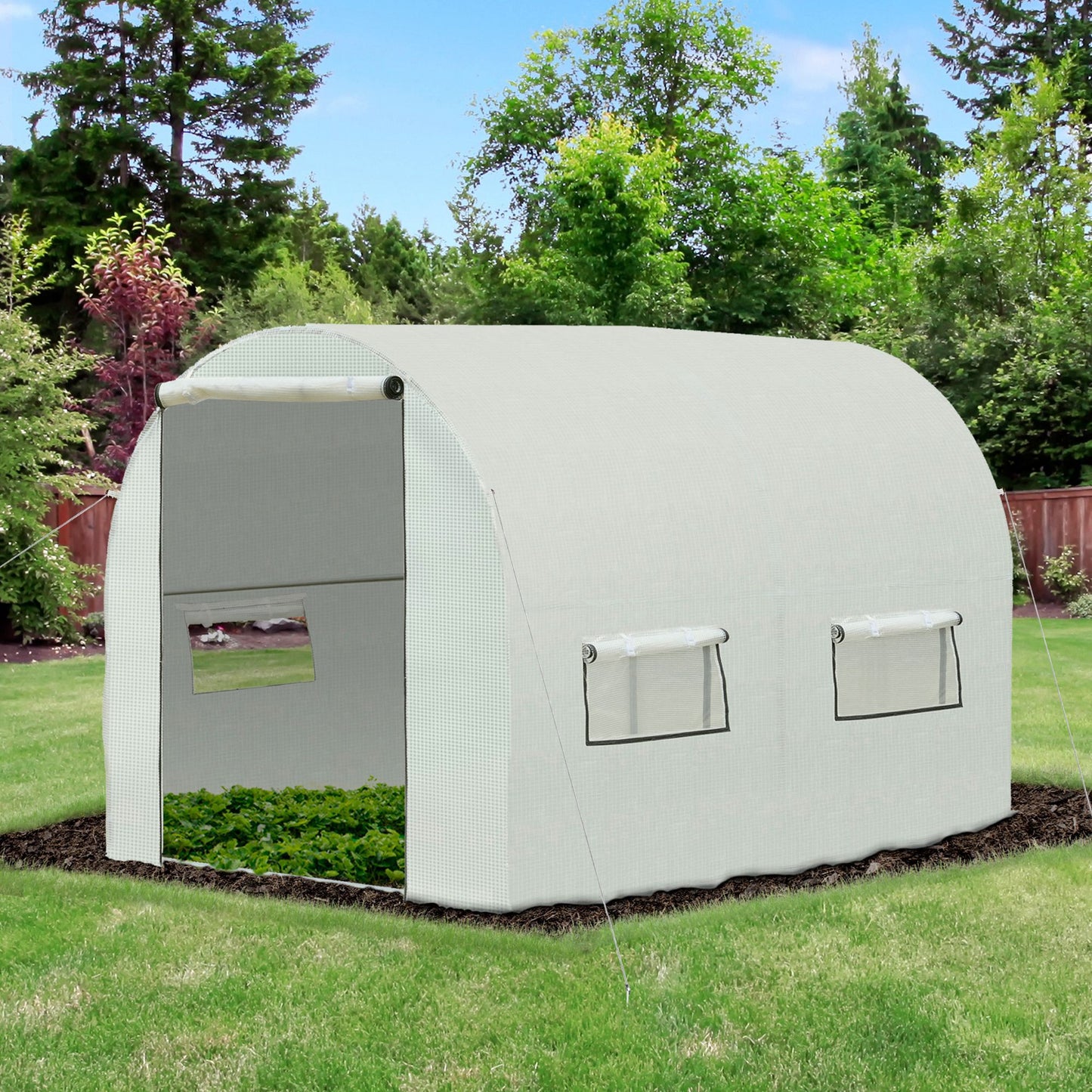 Outsunny Walk-in Polytunnel Lage Greenhouse PE Cover with  Roll-Up Doors and Windows