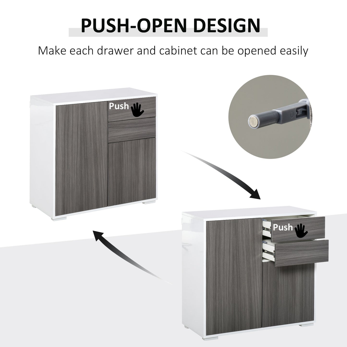 HOMCOM Push-Open Cabinet with 2 Drawer 2 Door Cabinet for Home Office Light Grey White