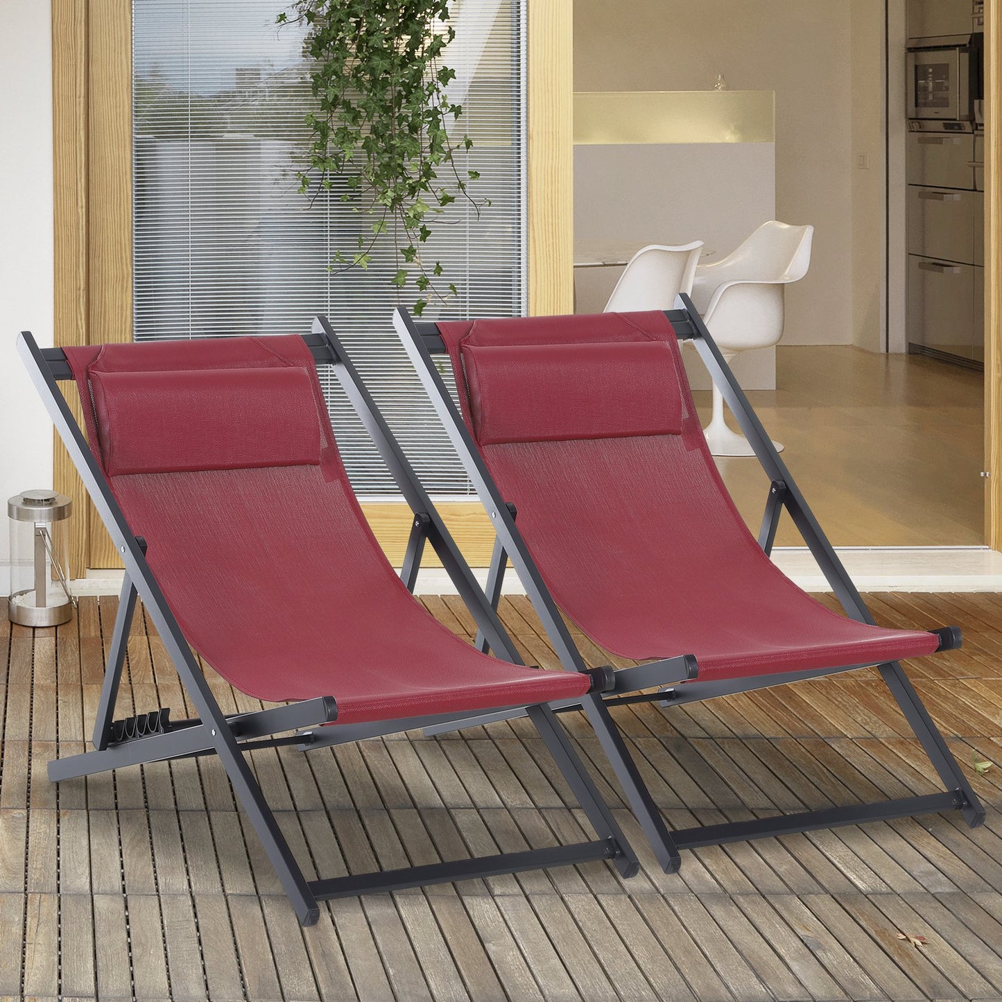 Outsunny Aluminium Frame Set Of 2 Folding Deck Chairs Wine Red