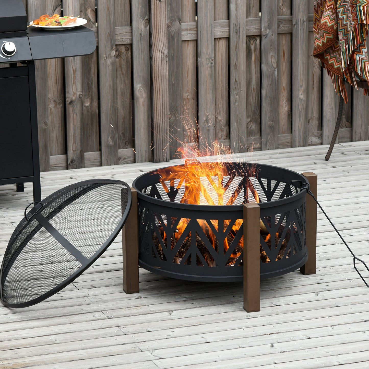 Outsunny Outdoor Fire Pit with Grill Cooking Grate Screen Cover Fire Poker Bonfire Patio