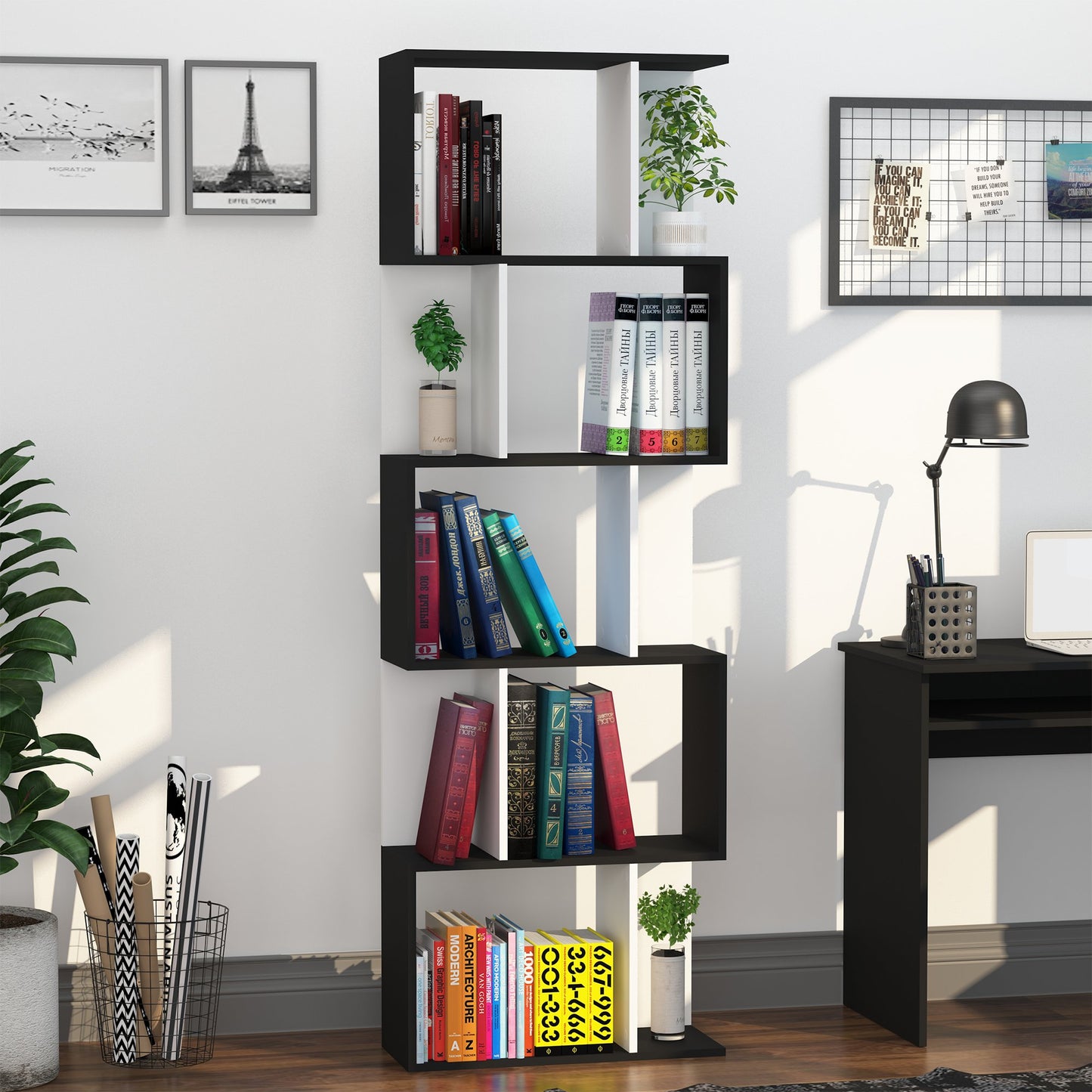HOMCOM 5-tier S Shape Bookcase, Particle Board-White/Black