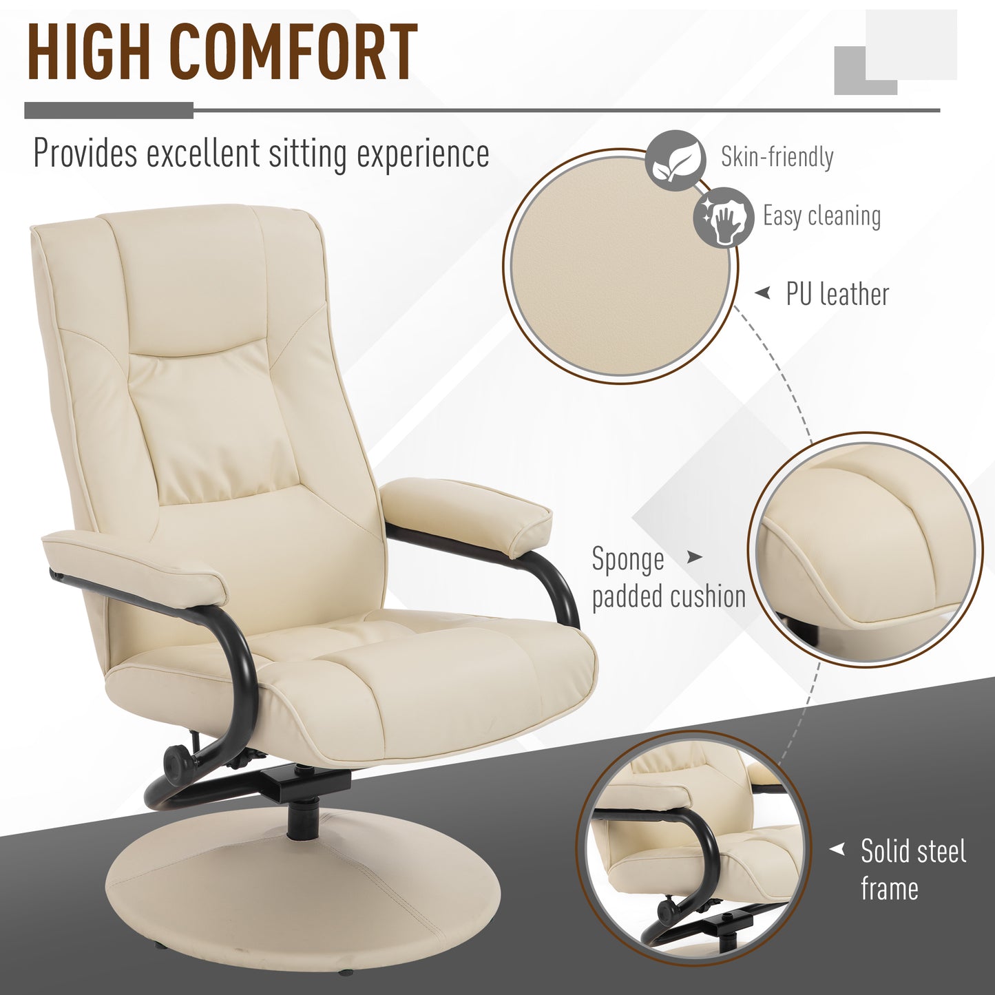 HOMCOM PVC Reclining Executive Chair w/ Footrest Stool Cream