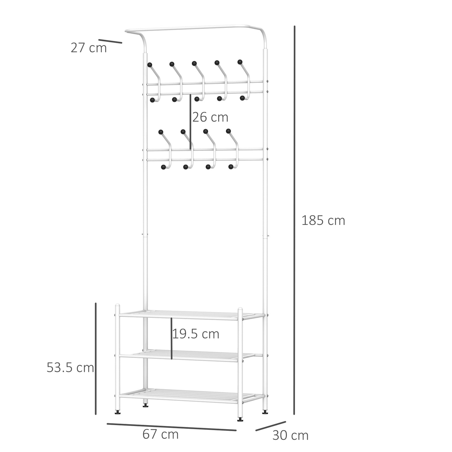 HOMCOM 18 Hook Metal Frame Hallway Coat Hanger w/ 3-Tier Shoe Storage White