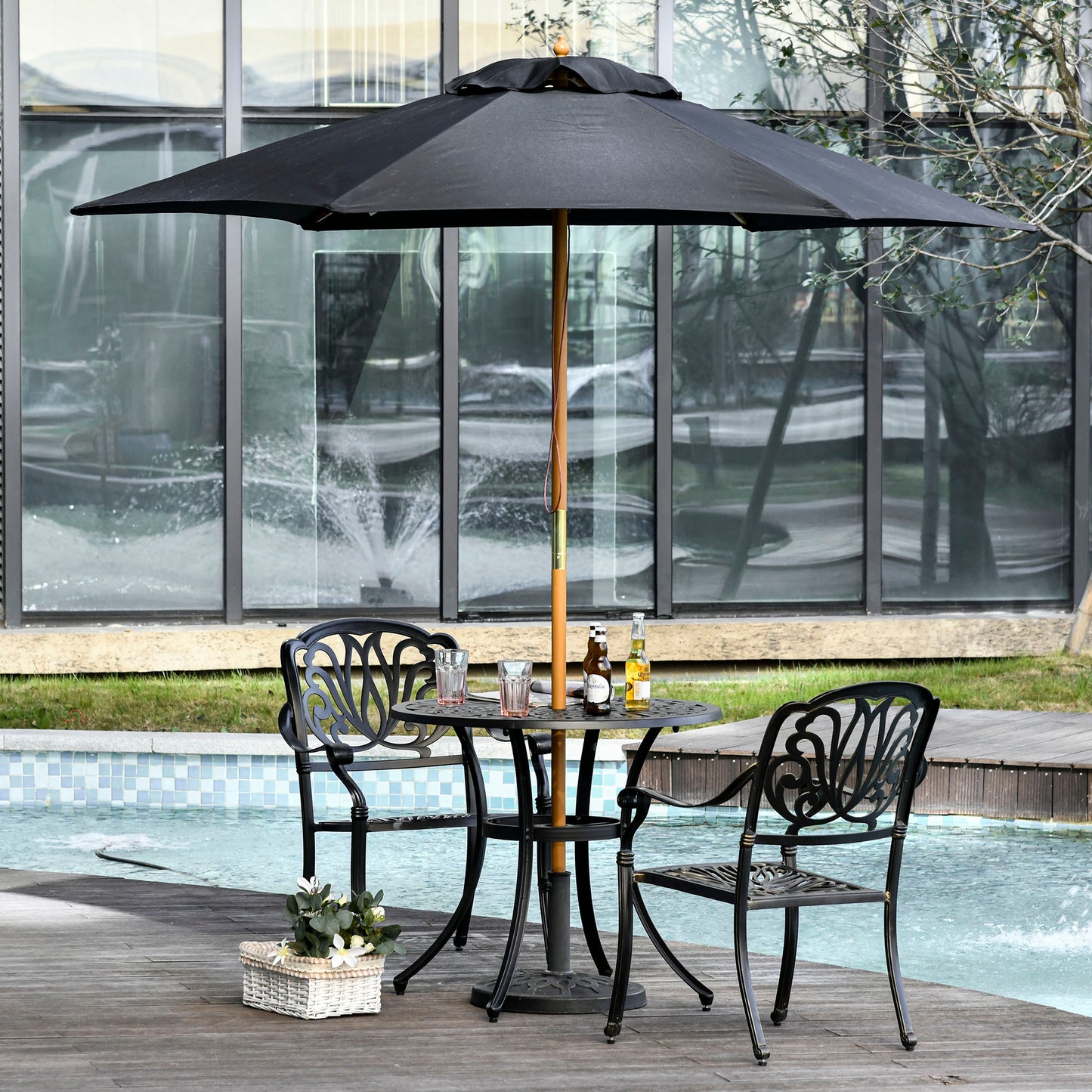 Outsunny 2.5m Wood Garden Parasol Sun Shade Patio Outdoor Wooden Umbrella Canopy Teak