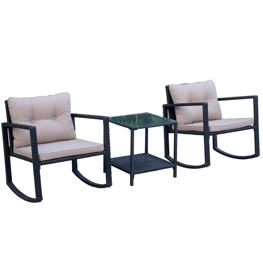 Outsunny 3 Pcs Rattan Rocking Set W/Cushion-Black/Beige