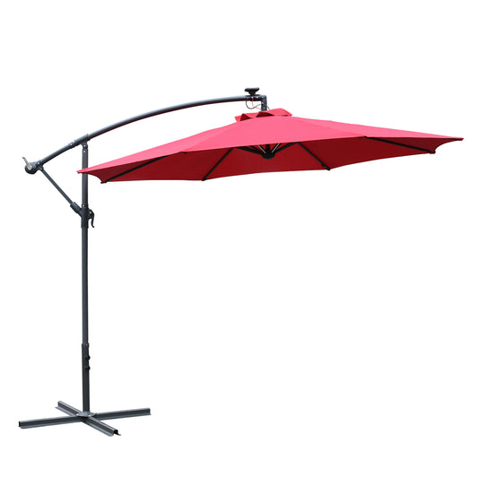 Outsunny Umbrella Parasol W/Solar Powered LED strips, Φ2.95x2.45H m-Wine Red