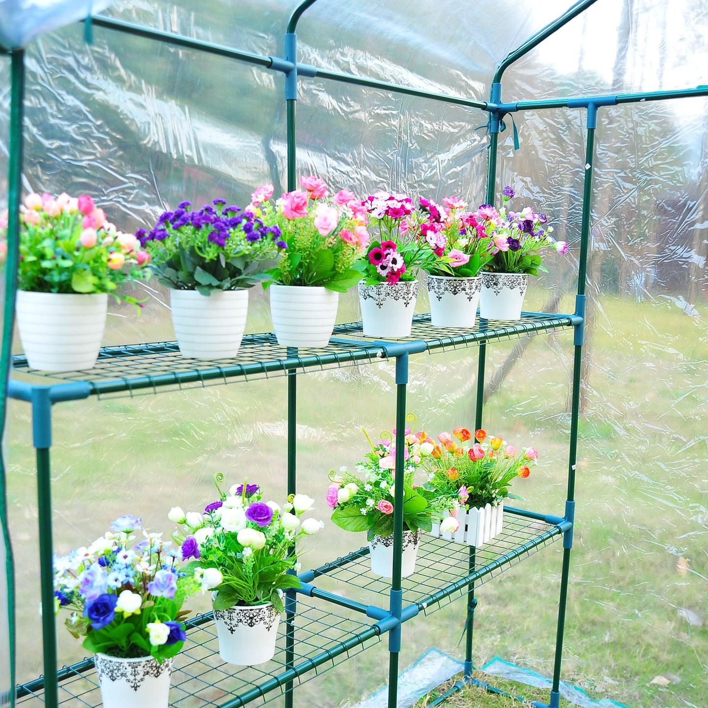 Outsunny 1.43Lx1.43Wx1.95H m Steel Frame Greenhouse, 2 Shelves-Deep Green