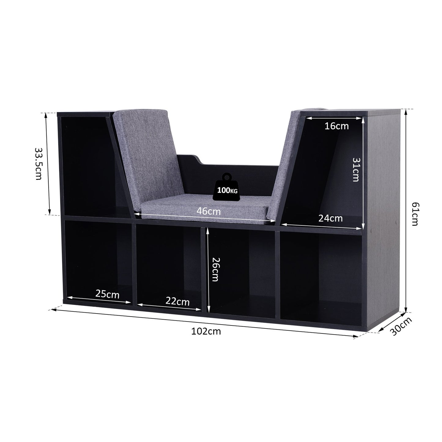 HOMCOM Bookcase Storage W/Particle Board Sponge Linen, 102W x 30D x 61Hcm-Black/Grey