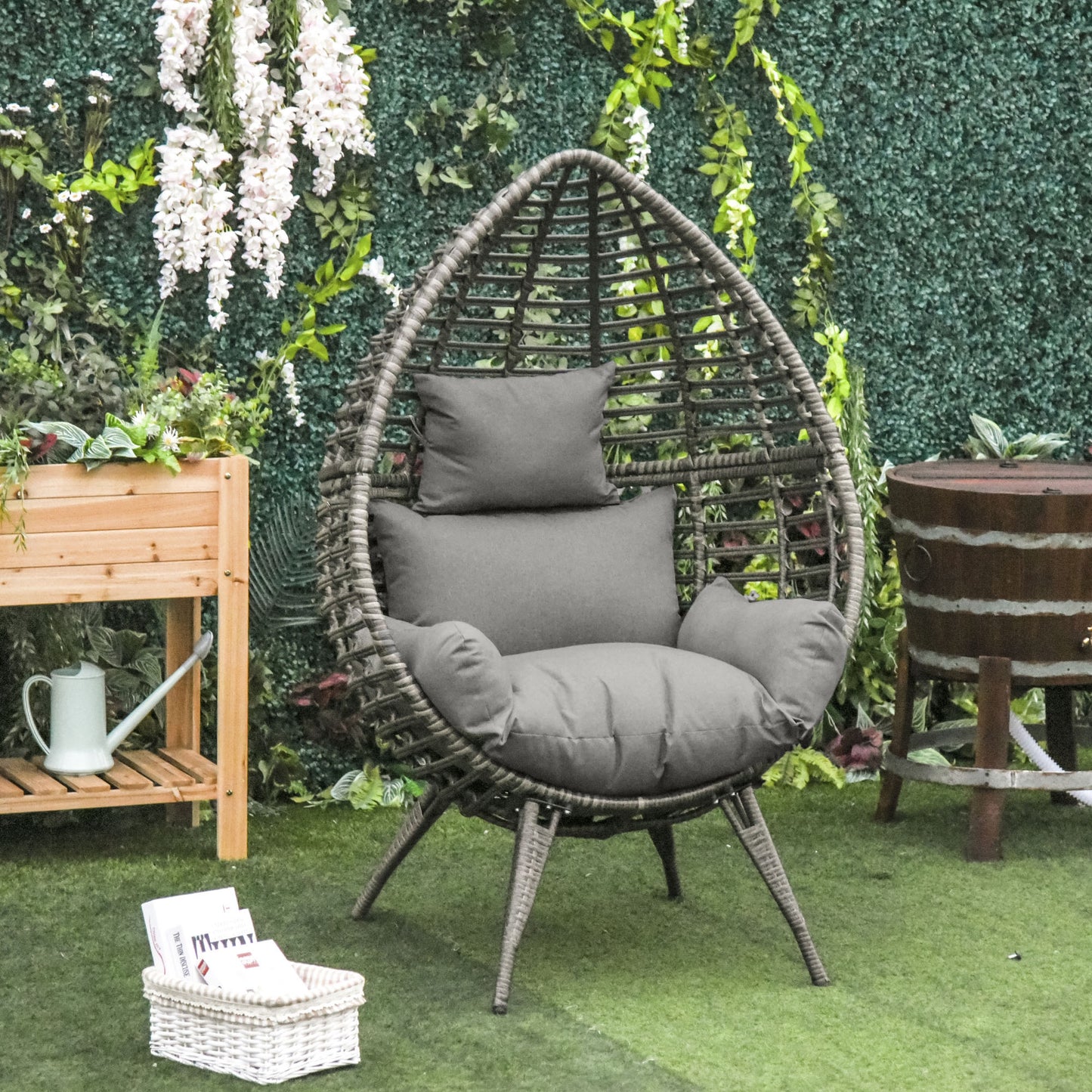 Outsunny eardop PE Wicker Rattan Chair w/ Thick Cushions 4 Legs Outdoor Seat Egg Garden