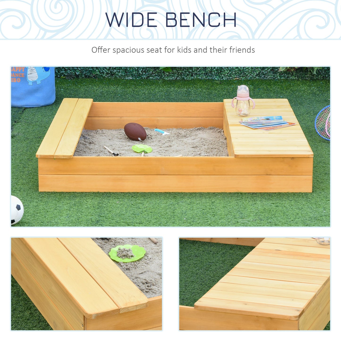 Outsunny Wooden Kids Sandpit Children Outdoor Square Sandbox with 2 Side Buckets Bench