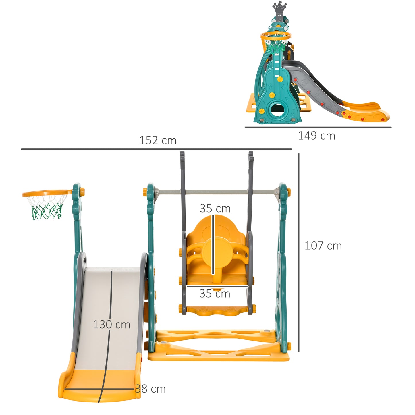 HOMCOM 3-IN-1 Kids Swing and Slide Set Activity Center w/ Basketball Hoop Slide Swing
