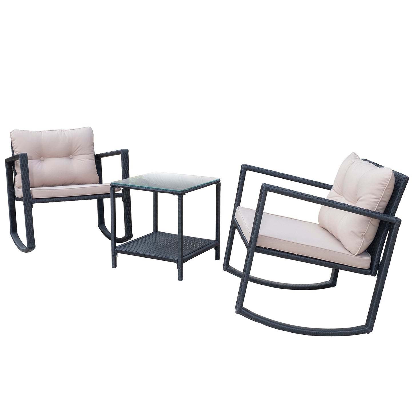 Outsunny 3 Pcs Rattan Rocking Set W/Cushion-Black/Beige