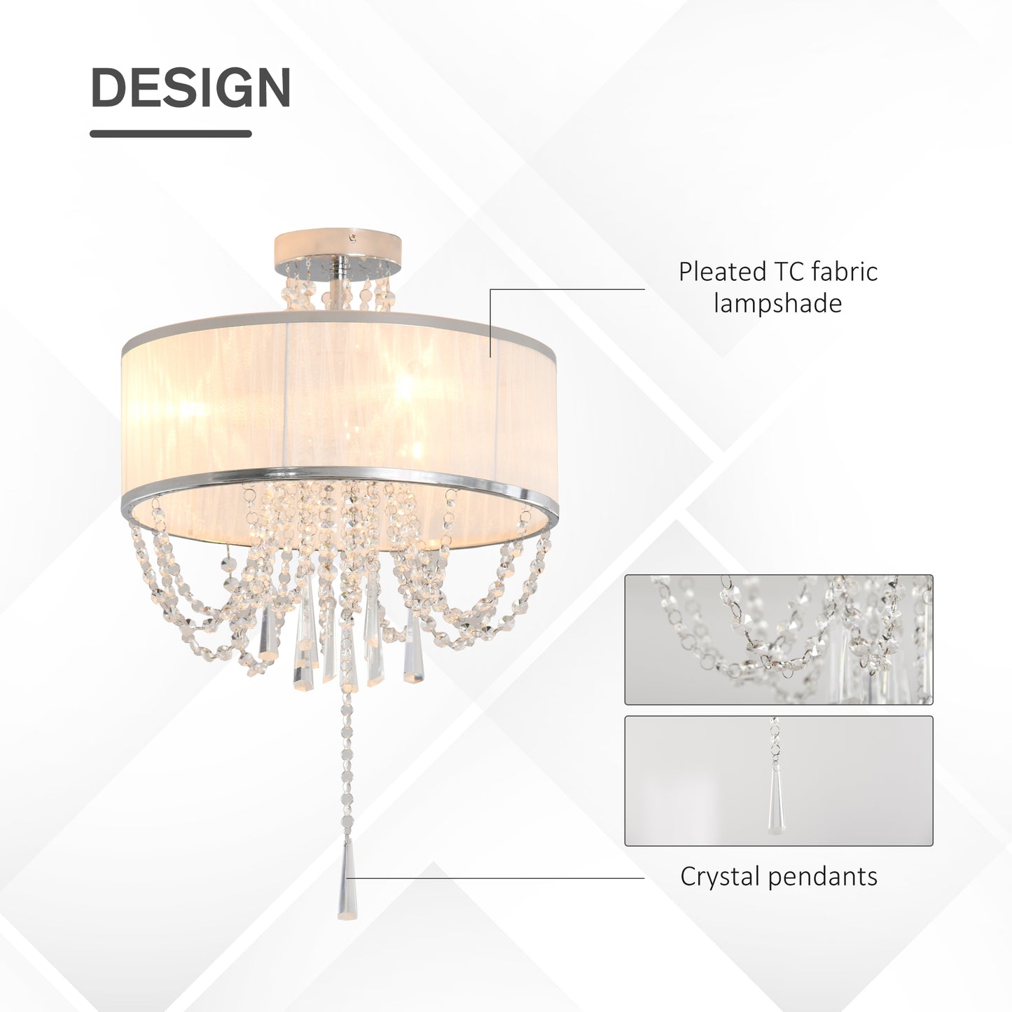 HOMCOM Metal Ceiling Light with Crystal Pendant Fabric Shade for Home Office White