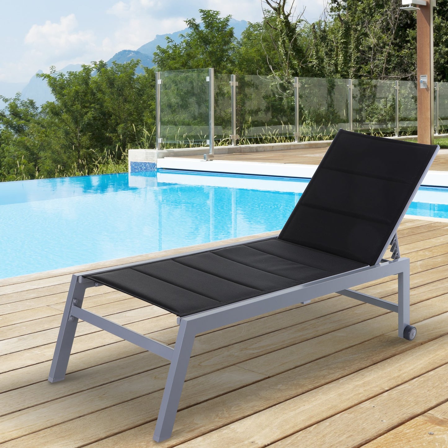 Outsunny Aluminium Frame Outdoor Garden Sun Lounger w/ Wheels Black/Grey