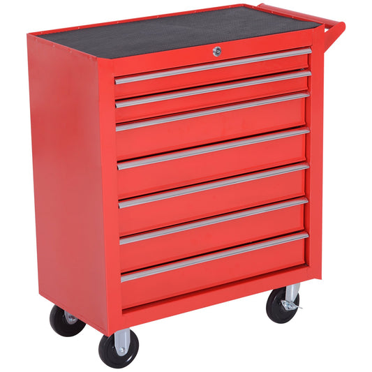 HOMCOM Steel 7 Drawer Tool Storage Cabinet Tool Chest w/ Roll Wheels Red