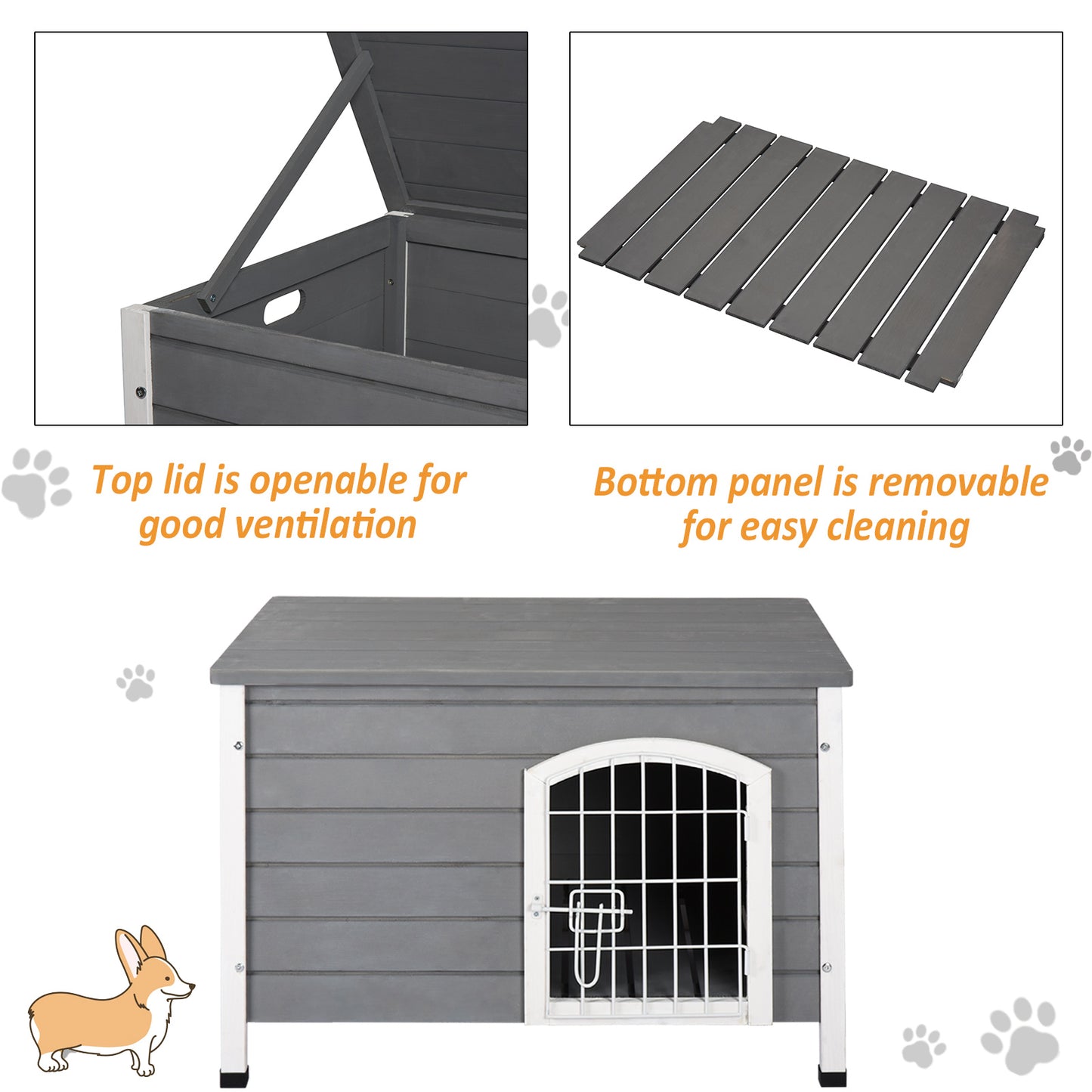 PawHut Wooden Dog Crate Dog Kennel Lockable Door Small Animal House w/ Openable Top Gray