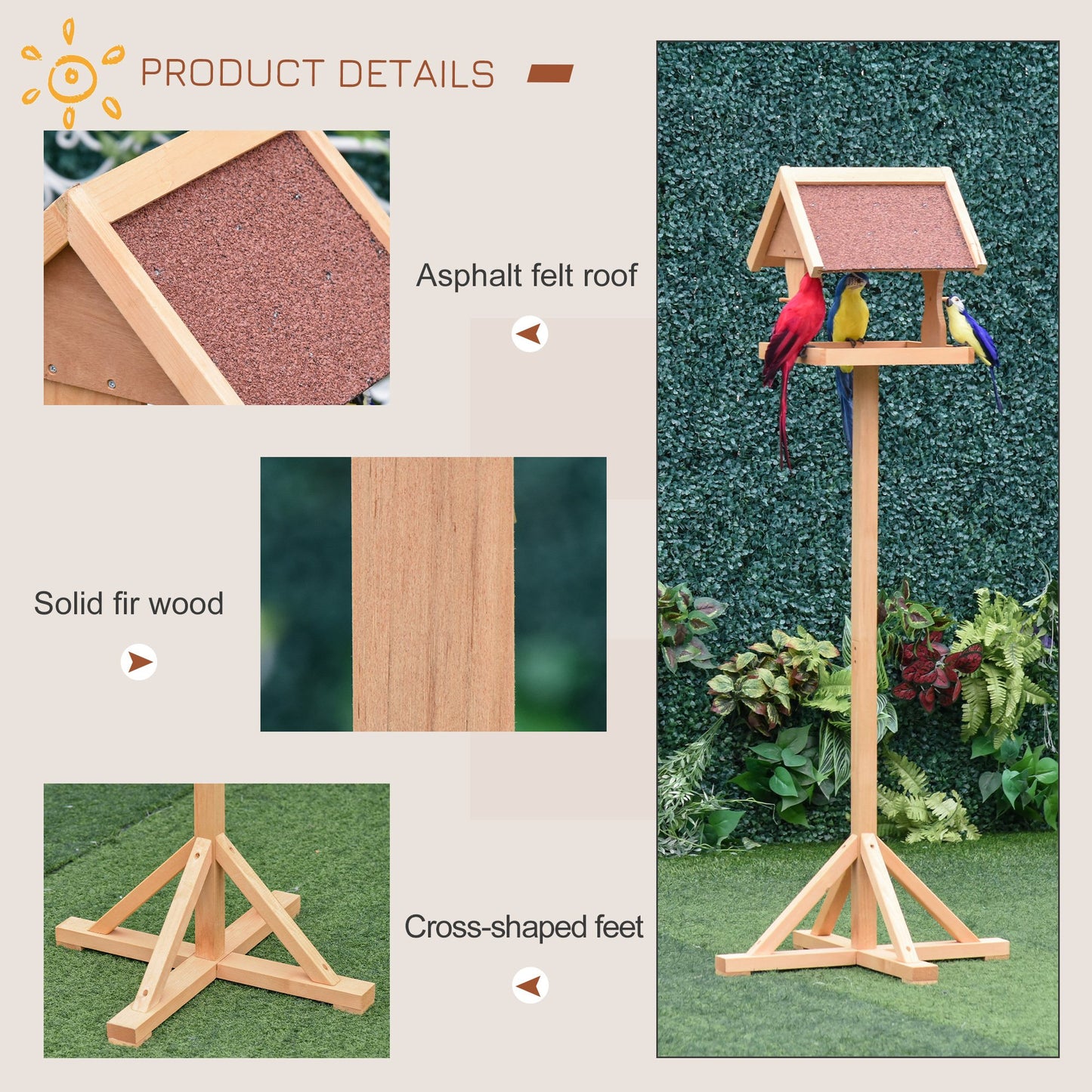 PawHut Wooden Bird Feeder Freestanding Cross-shaped Support Feet Weather Resistant