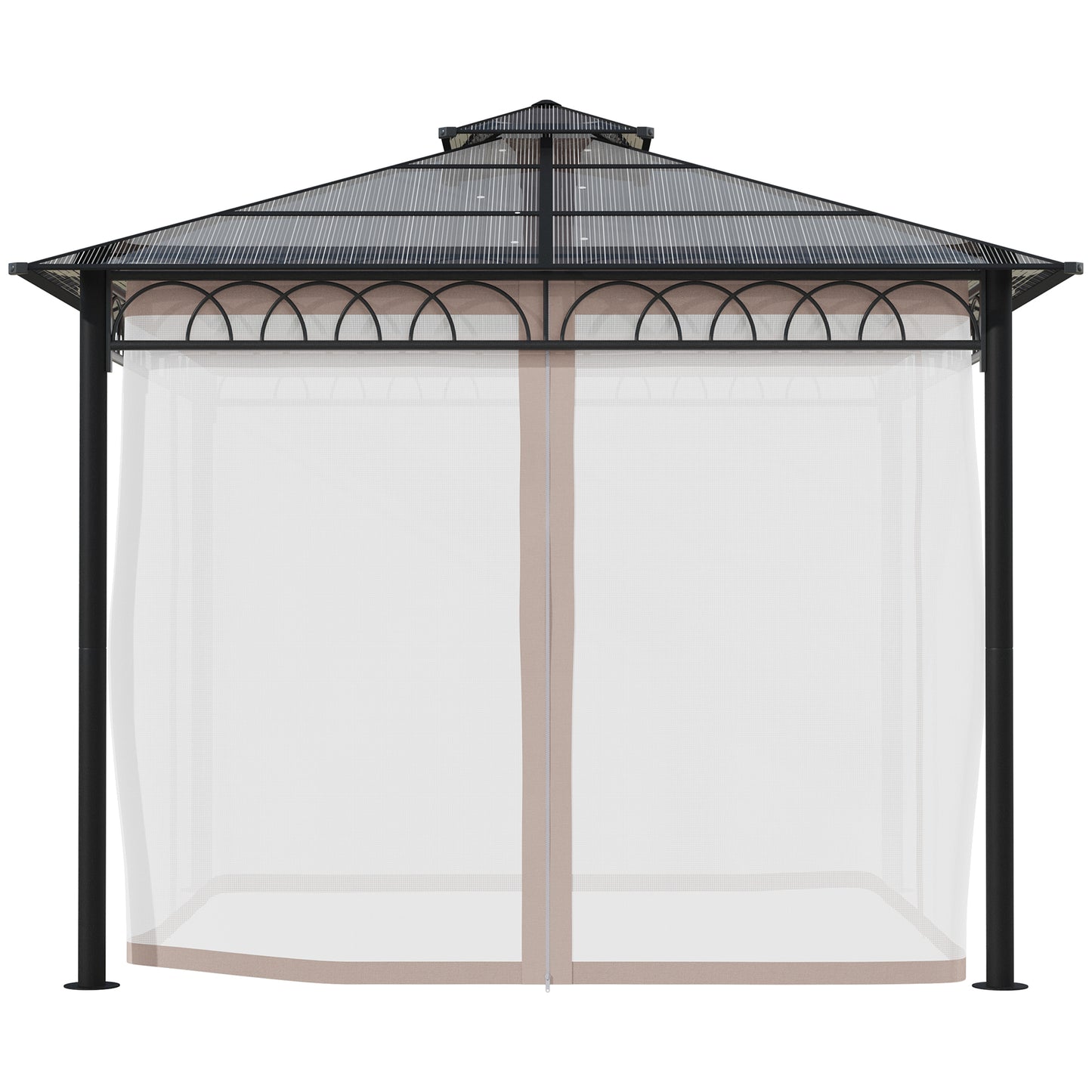 Outsunny 3 x 3 (m) Outdoor Polycarbonate Gazebo, Double Roof Hard Top Gazebo with Galvanised Steel Frame, Nettings & Curtains for Garden, Lawn, Garden and Deck