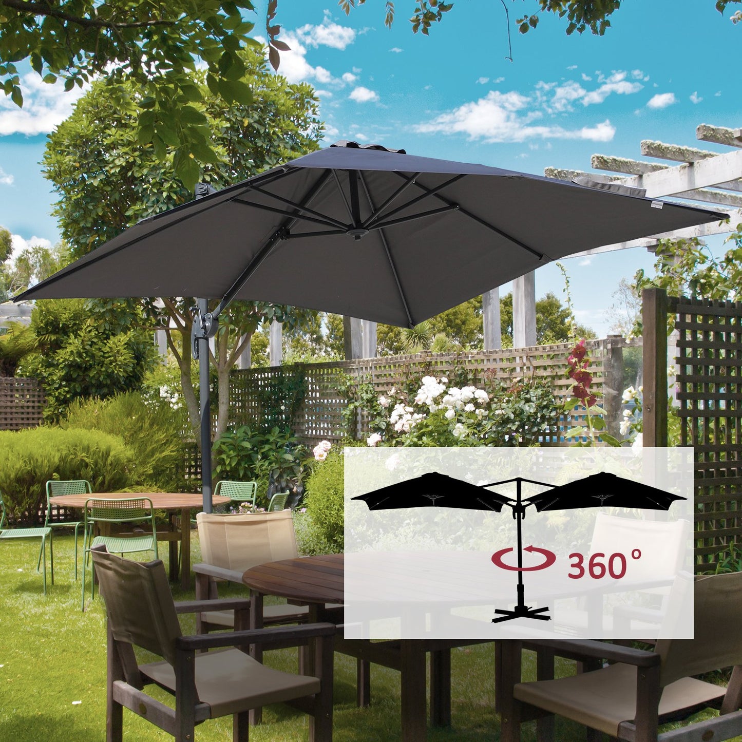 Outsunny 2.5 x 2.5m Patio Offset Parasol Umbrella Cantilever Hanging Aluminium Sun Shade Canopy Shelter 360° Rotation with Crank Handle and Cross Base, Grey