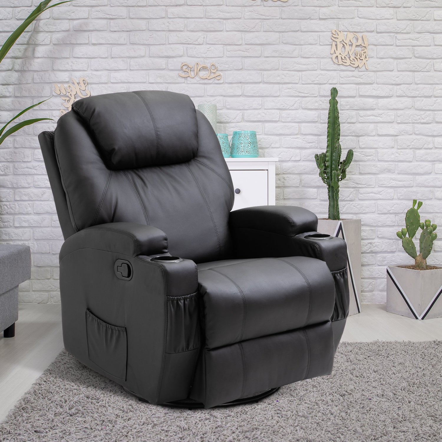 HOMCOM Manual Recliner Chair 360° Swivel Rocking Armchair Sofa with PU  Leather Padded Cushion and Backrest for Living Room Black