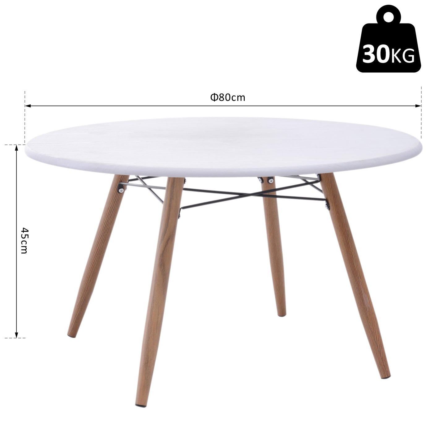 HOMCOM Round Coffee Table, Φ80x45H cm-White/Natural Wood/Black Colour