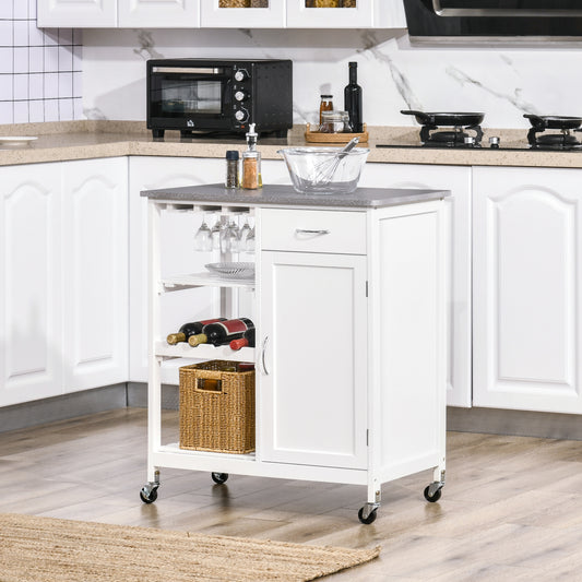 HOMCOM Compact Kitchen Trolley Utility Cart on Wheels with Wine Rack, Drawer, Open Shelf and Storage Cabinet for Dining Room, White