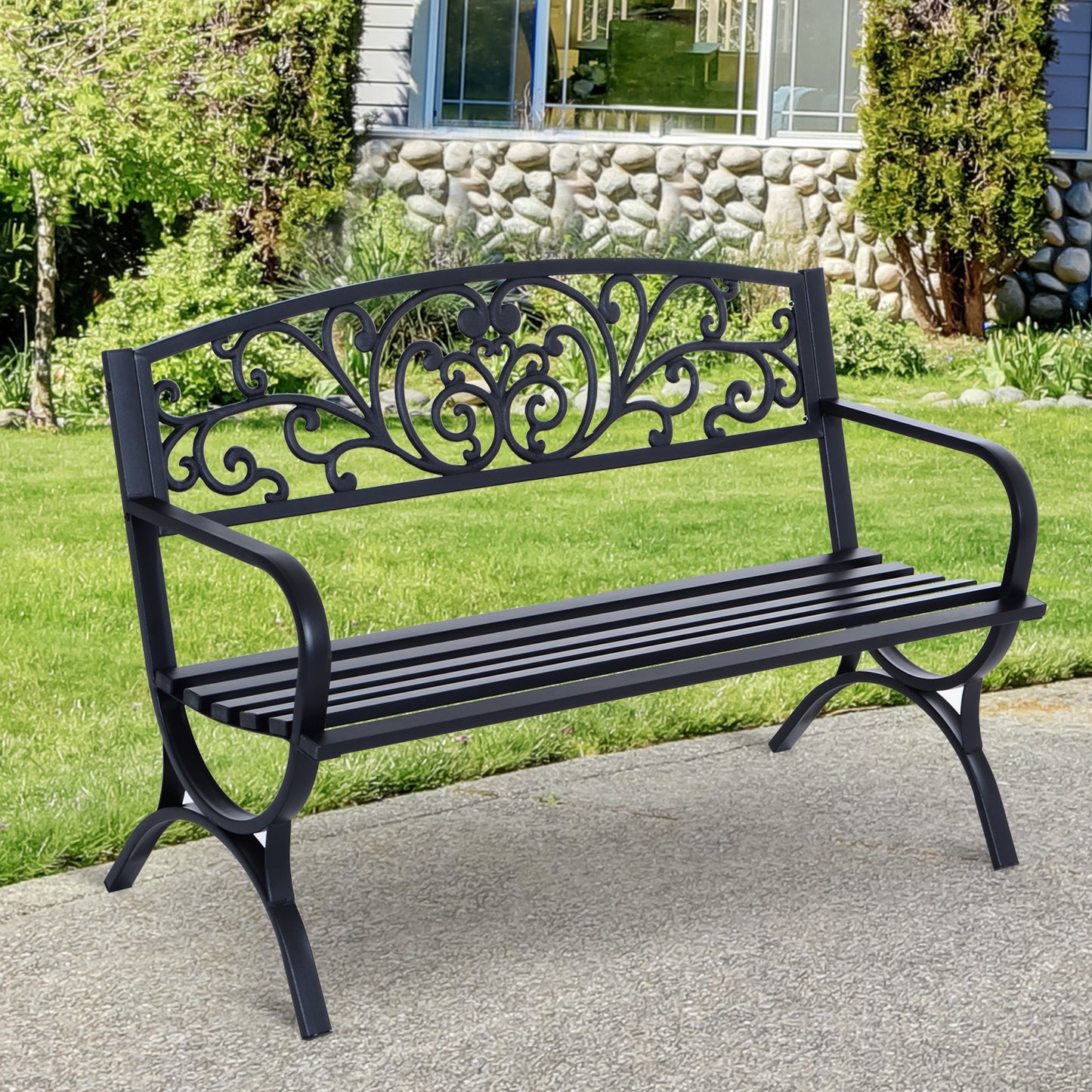 Outsunny 127L x 60W x 85H cm Powder Coated Garden Bench for Patio Backyard, Steel-Black