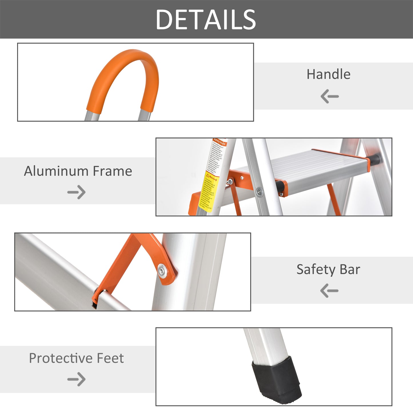 HOMCOM Foldable Aluminum Ladder Fashionable Herringbone Household Ladder, Orange