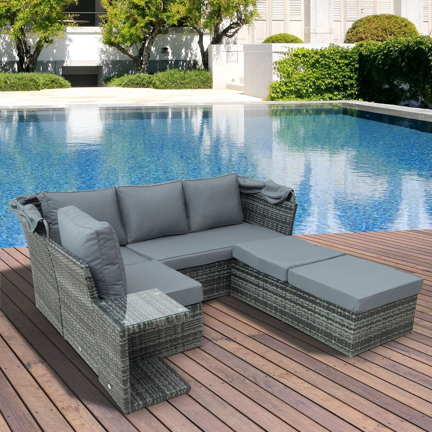 Outsunny 5 PCS Outdoor Rattan Sofa Sets Reclining Adjustable Canopy Side Dining Table with Cushions