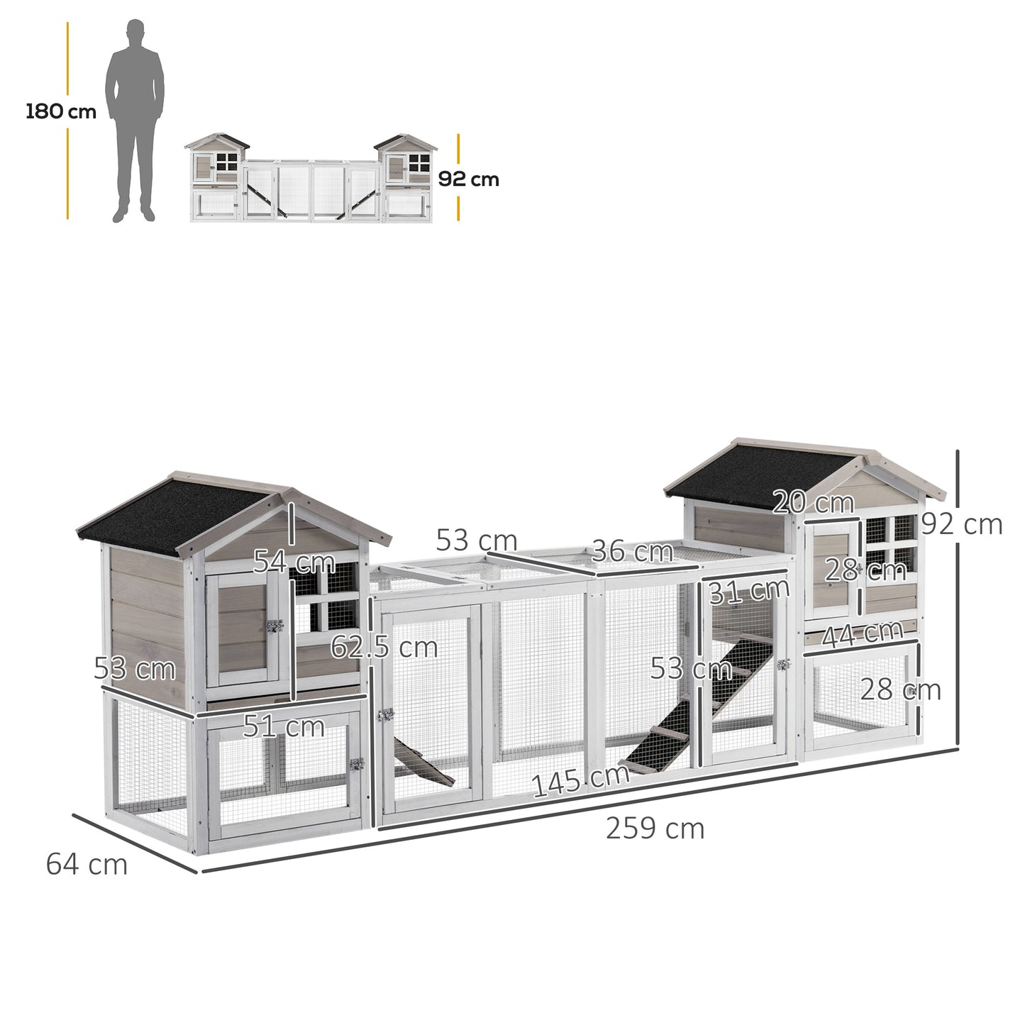 PawHut 2 in 1 Wooden Rabbit Hutch, Double Main House Guinea Pig Cage, Bunny Run, Small Animal House with Run Box, Ramp, 259 x 64 x 92cm, Grey