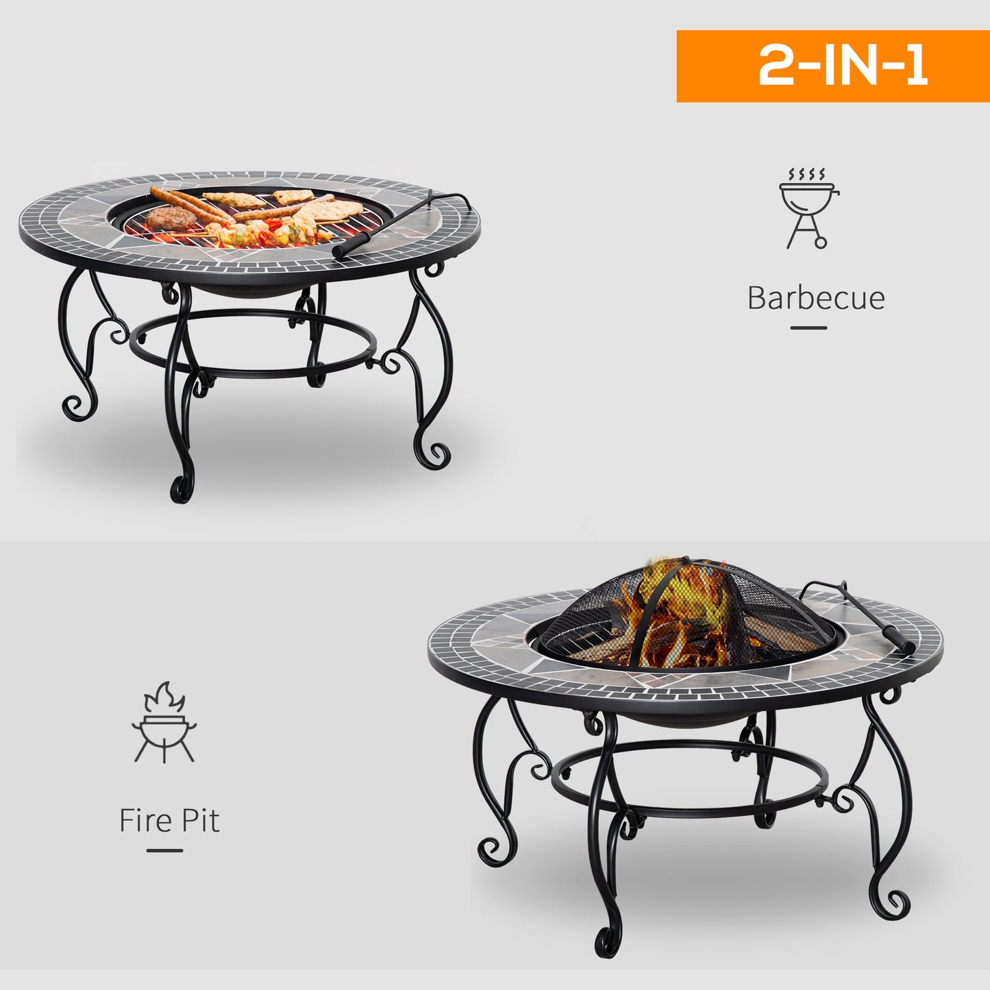 Outsunny 2-in-1 Outdoor Fire Pit, Patio Heater with Cooking BBQ Grill, Firepit Bowl with Spark Screen Cover, Fire Poker for Backyard Bonfire