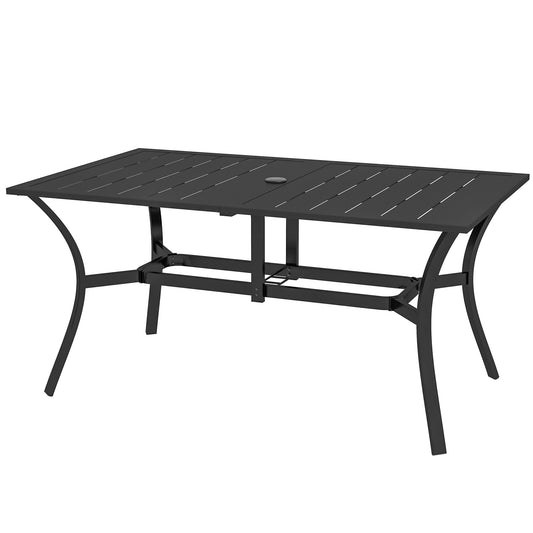 Outsunny Rectangle Garden Dining Table with Parasol Hole, Patio Table with Steel Frame and Slat Tabletop, 150cm x 90cm, Black