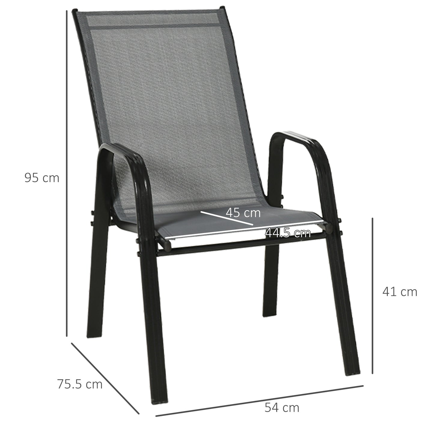 Outsunny Set of 4 Garden Dining Chair Set Stackable Outdoor Patio Furniture Set with Backrest and Armrest, Dark Grey